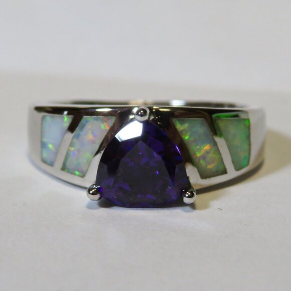 Silver Ring Size 7 White Lab Fire Opal Inlay 6mm * 6mm Amethyst New Old Stock - Picture 5 of 10
